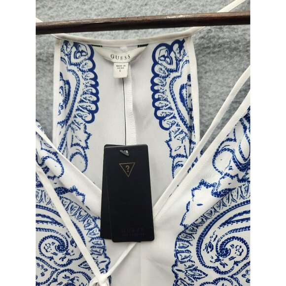 Guess Womens White & Blue Paisley Cold-Shoulder Top Size M Polyester Fabric Adju - Picture 3 of 7